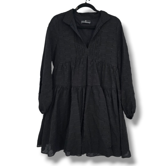 Pomander Place Dresses & Skirts - Pomander Place Black‎ Tiered Mini Dress Long Sleeve Dobby Clip Dot Small Y19560T